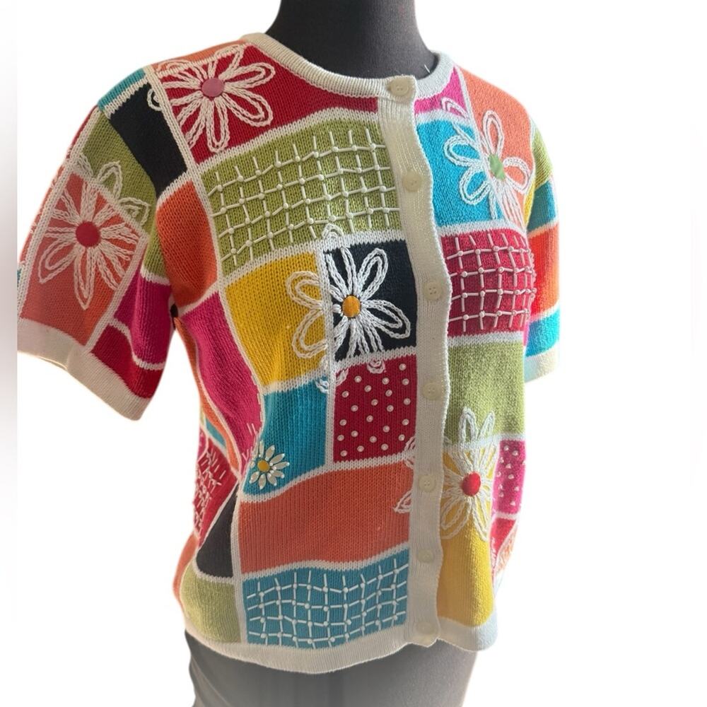 Y2K Patchwork Floral Cardigan Sweater Size M Retro Beaded Embroidered Colorful